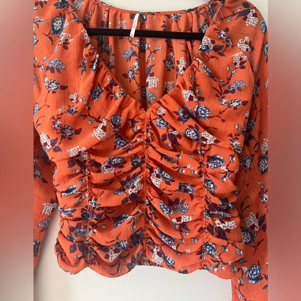 Free People Final Rose Rust Floral Ruched V-Neck Blouse XS